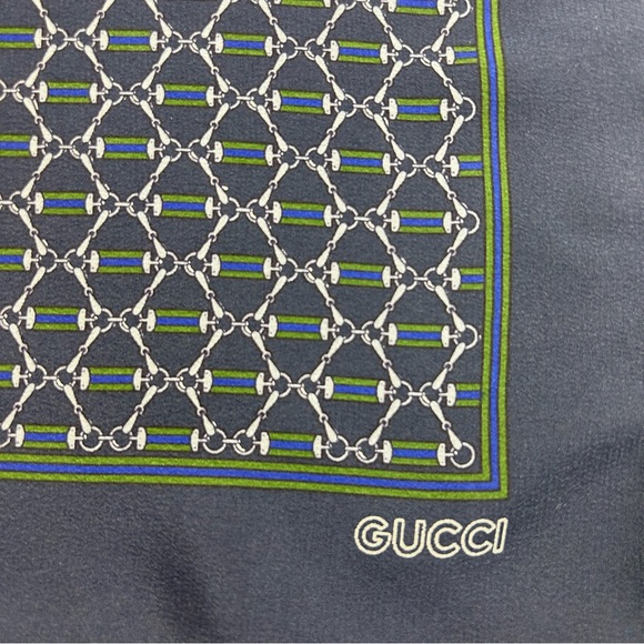 Vintage Gucci Silk Pocket Square Neck Scarf Handkerchief Navy Chain - Picture 1 of 11